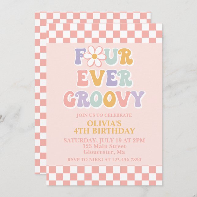 Four Ever Groovy Retro Daisy Chequered 4th Birthda Invitation (Front/Back)