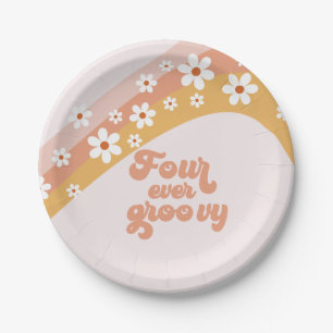 Four Ever Groovy Retro Daisy Rainbow 4th Birthday  Paper Plate