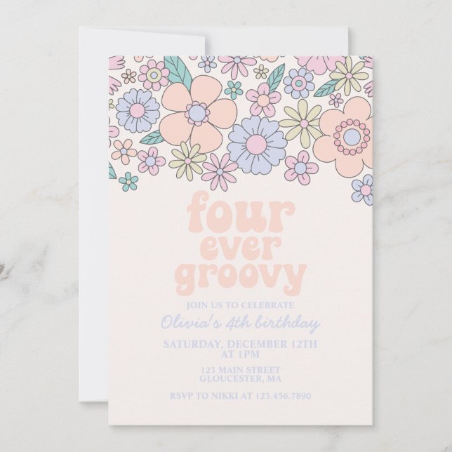 Four Ever Groovy Retro Floral 4th birthday Invitation (Front)