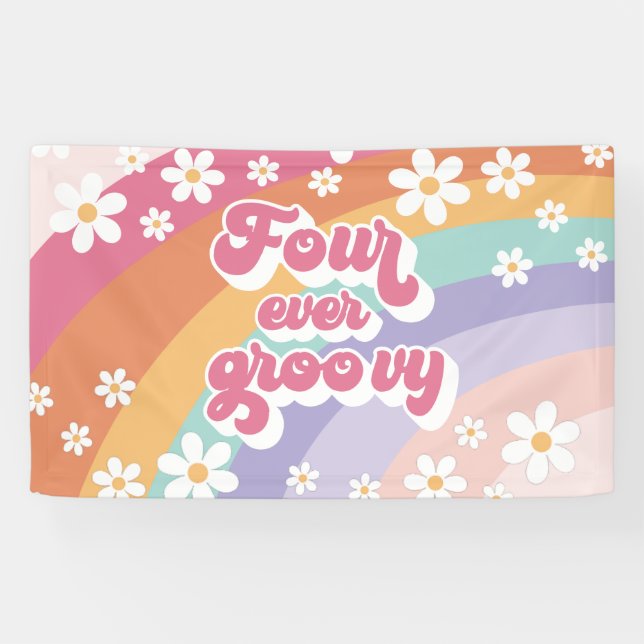 Four Ever Groovy Retro Rainbow 4th Birthday Banner (Horizontal)