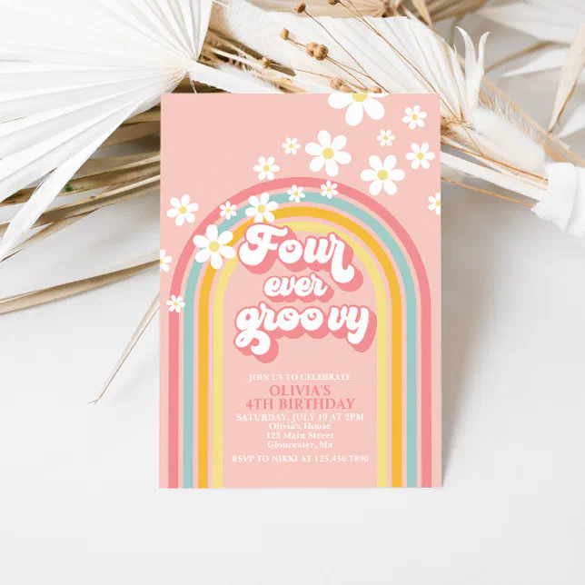 Four Ever Groovy Retro Rainbow 4th Birthday Invitation | Zazzle