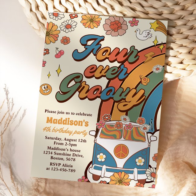 Four Ever Groovy Retro Rainbow 4th Birthday Invitation (Creator Uploaded)