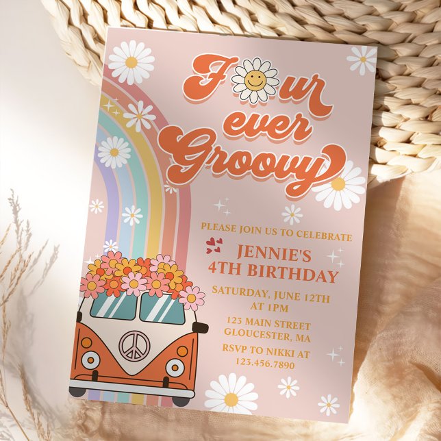 Four Ever Groovy Retro Rainbow 4th Birthday Invitation (Creator Uploaded)
