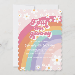 Four Ever Groovy Retro Rainbow 4th Birthday Invitation