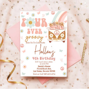 Four Ever Groovy Retro Rainbow 4th Birthday Party Invitation