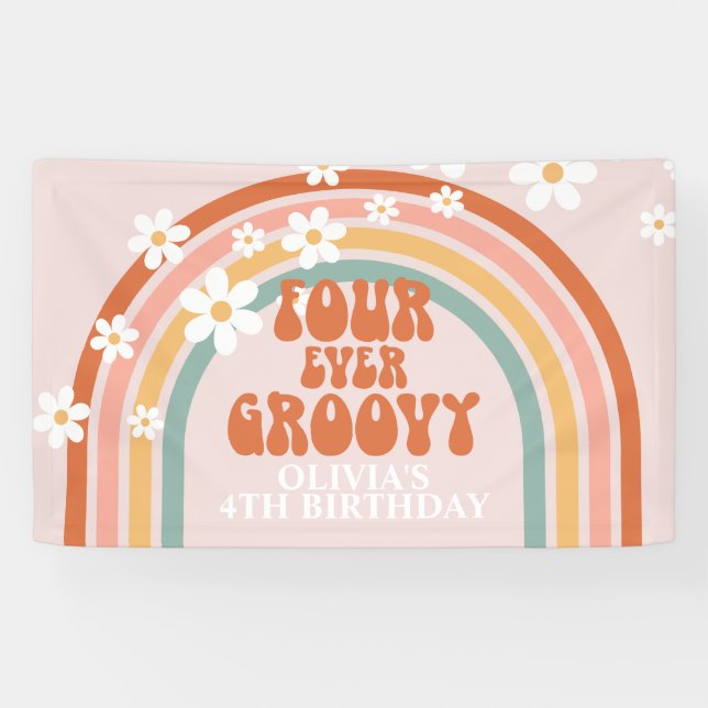 Four Ever Groovy Retro Rainbow Daisy Birthday Banner (Horizontal)