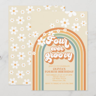 Four Ever Groovy Retro Rainbow Daisy Birthday Invitation