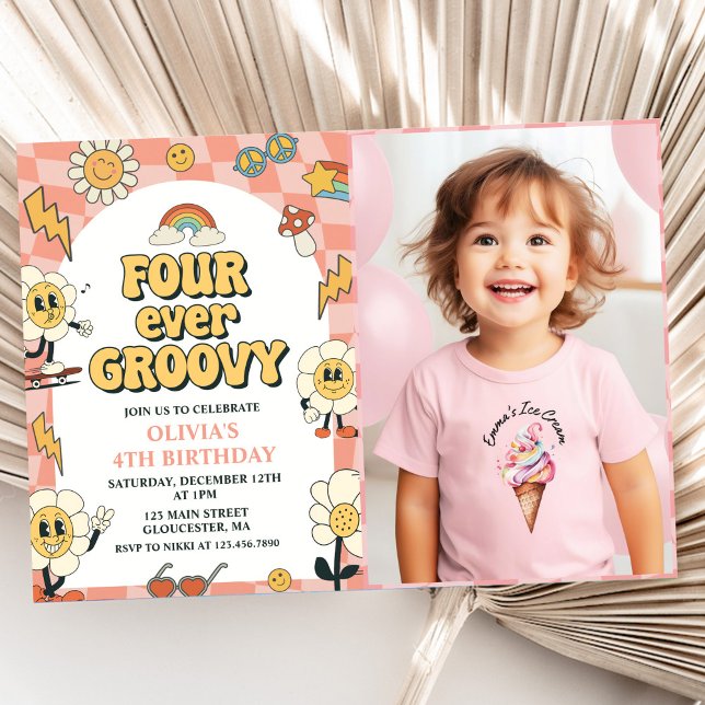 Four Ever Groovy Retro Van Pink 4th Birthday Invitation (Creator Uploaded)