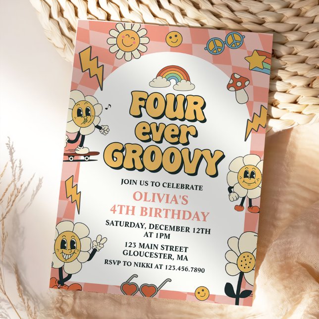 Four Ever Groovy Retro Van Pink 4th Birthday Invitation (Creator Uploaded)