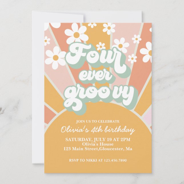 Four ever Groovy Sunshine daisy birthday Invitation (Front)