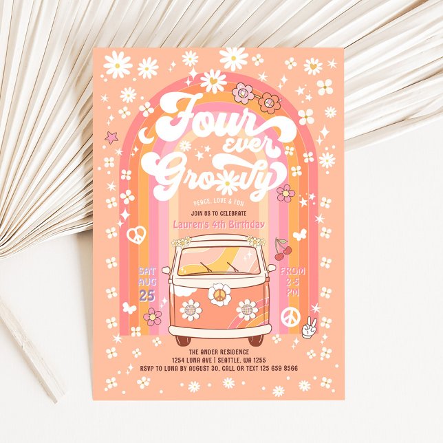 FOUR Ever GroovyVan Bus 4th Birthday Invitation (Creator Uploaded)