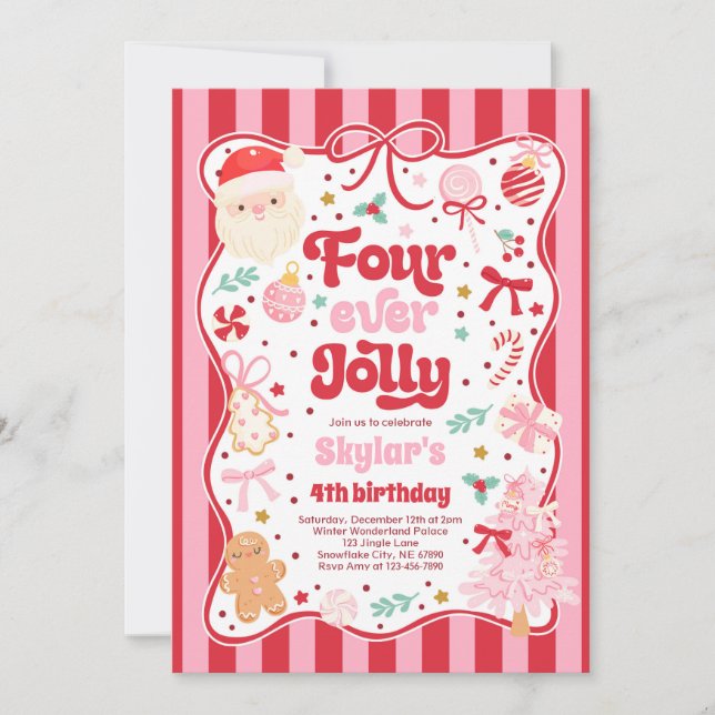 Four Ever Jolly Christmas Bow 4th Birthday Invitation (Front)
