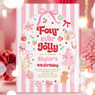 Four Ever Jolly Christmas Bow 4th Birthday Invitation