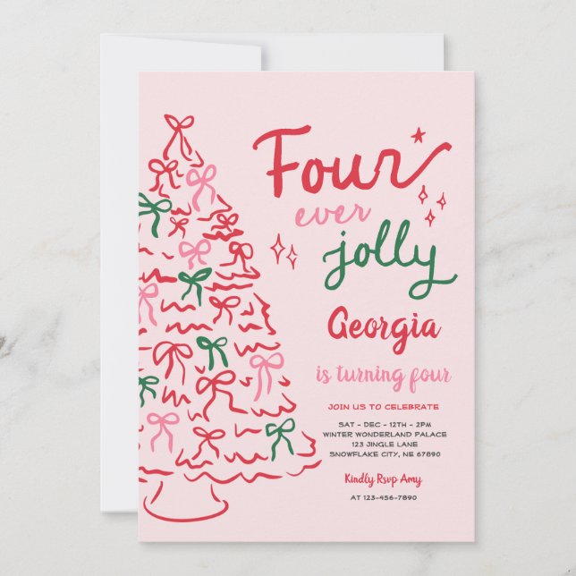Four Ever Jolly Coquette Christmas 4th Birthday Invitation (Front)
