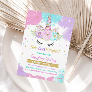 Four Ever Magical Girls 4th Unicorn Birthday Invitation