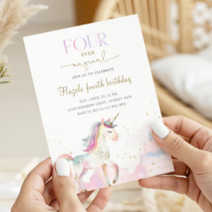 Four Ever Magical Pastel Unicorn 4th Birthday Invitation