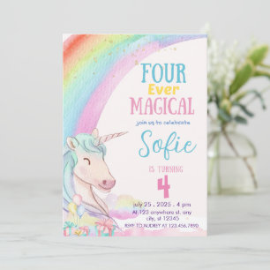 Four Ever Magical, Pastel Unicorn  Birthday  Invitation