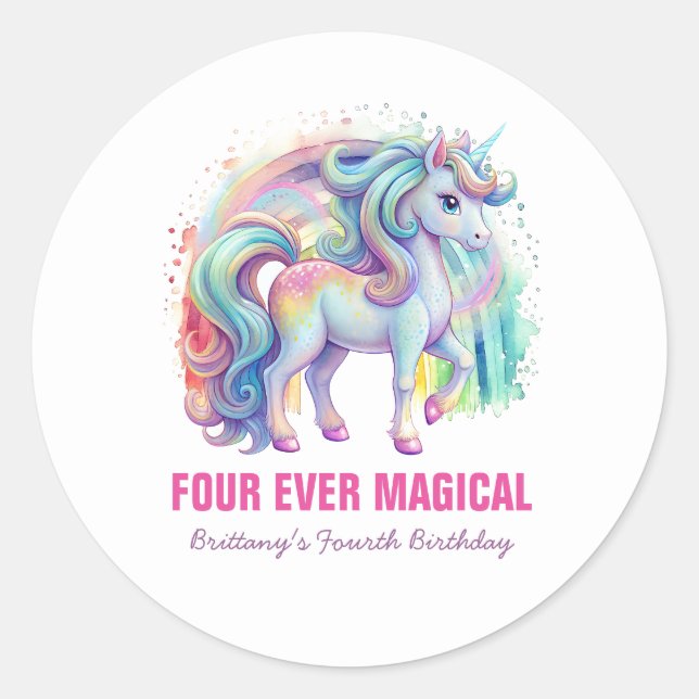 Four Ever Magical Pastel Unicorn Fourth Birthday Classic Round Sticker (Front)
