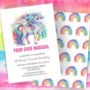 Four Ever Magical Pastel Unicorn Fourth Birthday Invitation