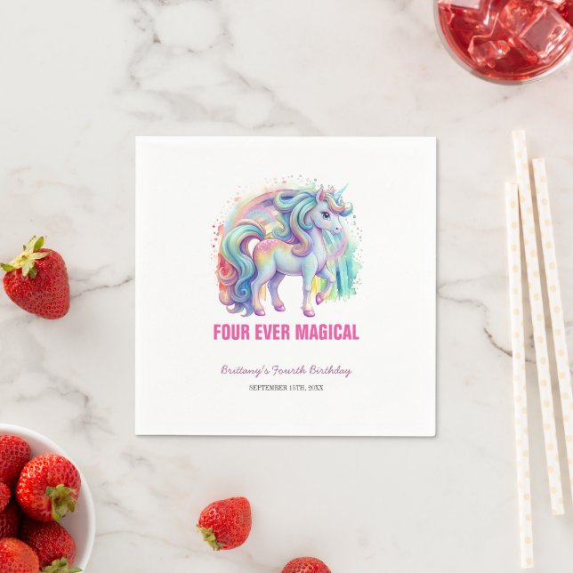 Four Ever Magical Pastel Unicorn Fourth Birthday Napkin (Insitu)