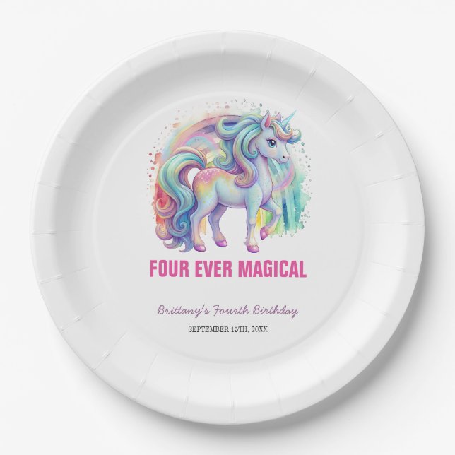 Four Ever Magical Pastel Unicorn Fourth Birthday Paper Plate (Front)