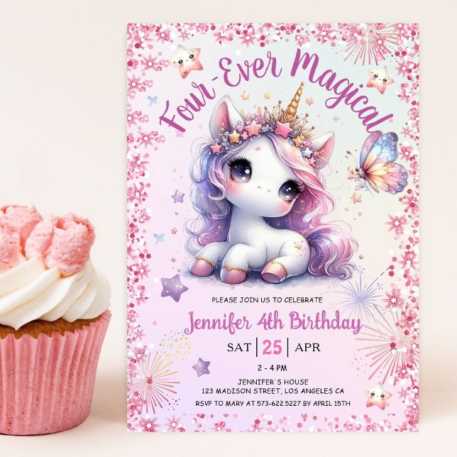 Four-Ever Magical Pink Purple Unicorn 4th Birthday Invitation (Creator Uploaded)