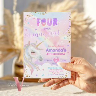 FOUR ever Magical Rainbow Unicorn Gold Birthday  Invitation