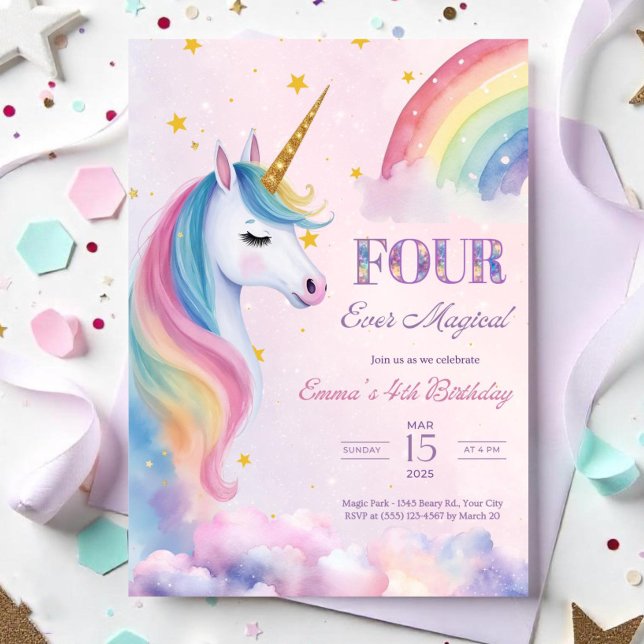 Four Ever Magical Unicorn 4th Birthday Invitation (Creator Uploaded)