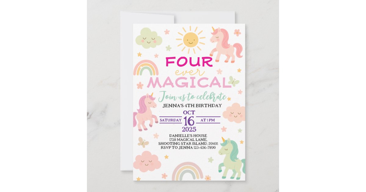 Four Ever Magical Unicorn 4th Birthday Invitation | Zazzle