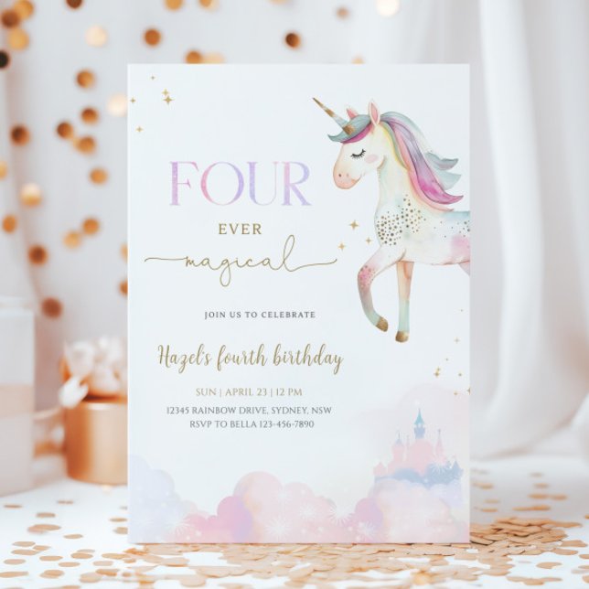 Four Ever Magical Unicorn 4th Birthday Party Invitation (Creator Uploaded)