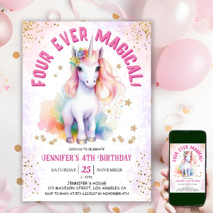 Four Ever Magical   Unicorn 4th Birthday Party Invitation
