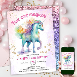 Four Ever Magical   Unicorn Glitter 4th Birthday  Invitation