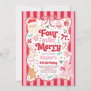 Four Ever Merry Christmas Bow 4th Birthday Invitation