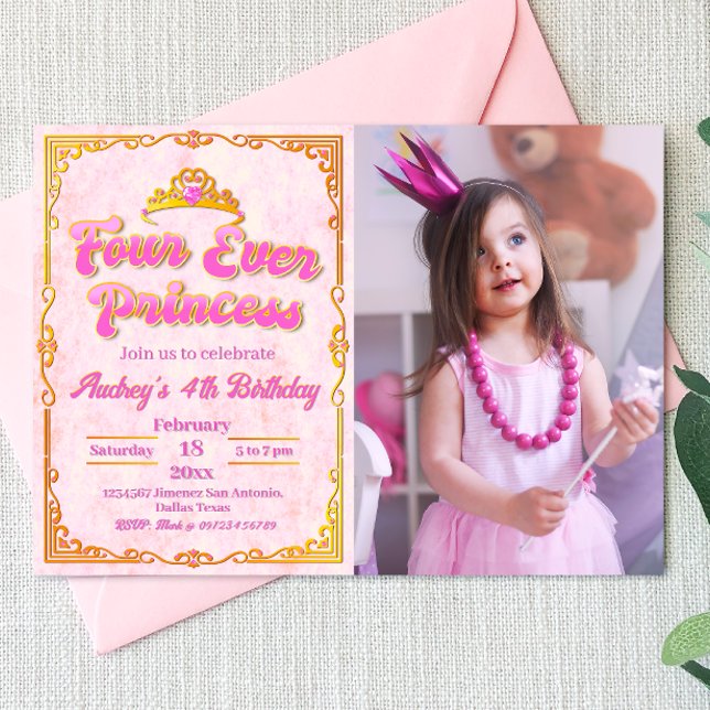 Four Ever Princess - Girl 4th Birthday Invitation (Four Ever Princess - Girl 4th Birthday Landscape Invitation with Picture)