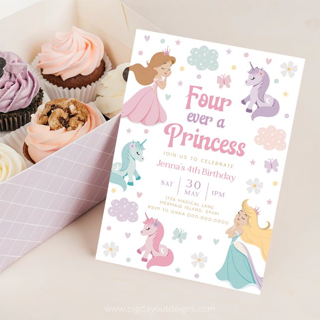 Four Ever Princess Invite. Forever a Princess & Un Invitation (Princess and Unicorn Rainbow 4th Birthday Invitation)