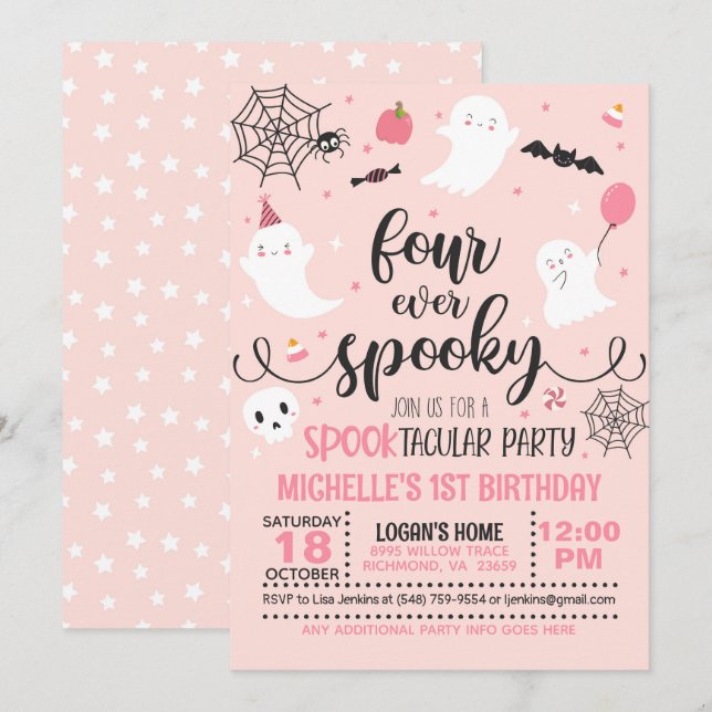 Four Ever Spooky Birthday Invitation - Girl (Pink) (Front/Back)