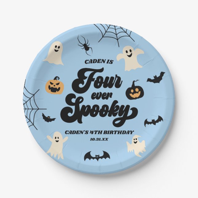 Four Ever Spooky Blue Halloween 4th Birthday Party Paper Plate (Front)