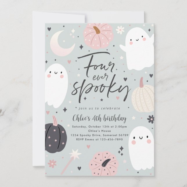 Four Ever Spooky Boho Halloween Ghost 4th Birthday Invitation (Front)