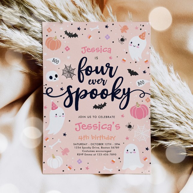 Four Ever Spooky Cute Halloween Ghost 4th Birthday Invitation (Creator Uploaded)