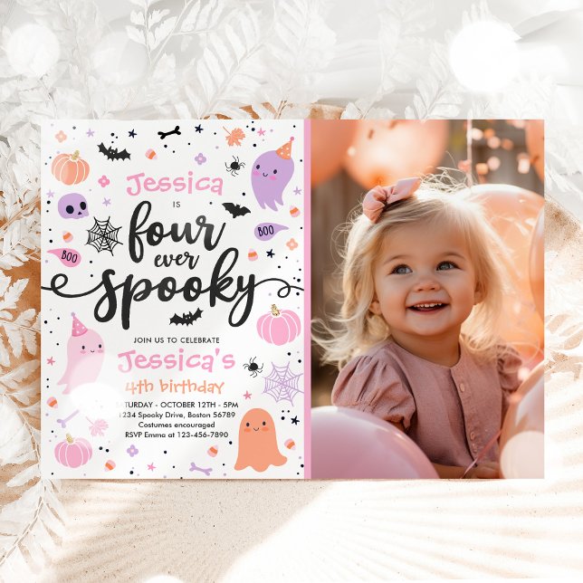 Four Ever Spooky Cute Halloween Ghost 4th Birthday Invitation (Creator Uploaded)