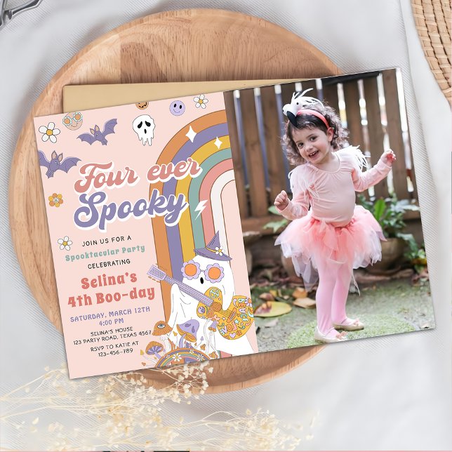 Four Ever Spooky Groovy Halloween Birthday Photo Invitation (Creator Uploaded)