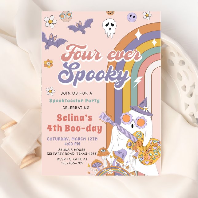 Four Ever Spooky Groovy Halloween Ghost Birthday Invitation (Creator Uploaded)