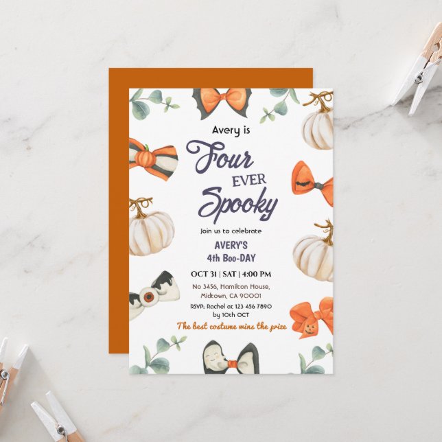Four ever Spooky Halloween Birthday Pumpkin Bow Invitation (Front/Back In Situ)