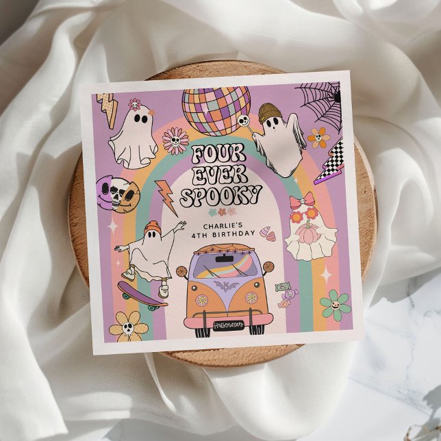 Four Ever Spooky Retro Fun 4th Birthday Party Napkin (Creator Uploaded)