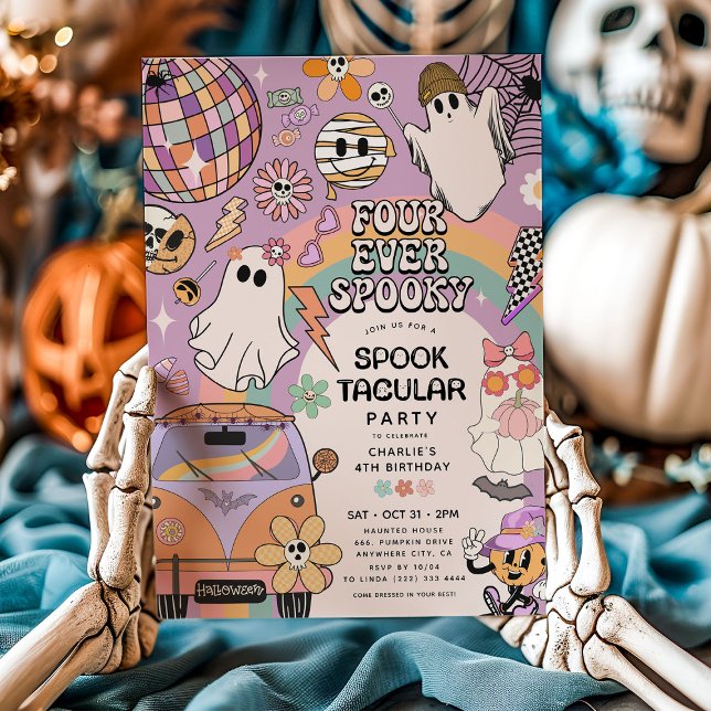 Four Ever Spooky Retro Halloween 4th Birthday Invitation (Creator Uploaded)