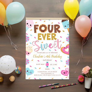 Four Ever Sweet Birthday Doughnut Candy 4th Birthd Invitation