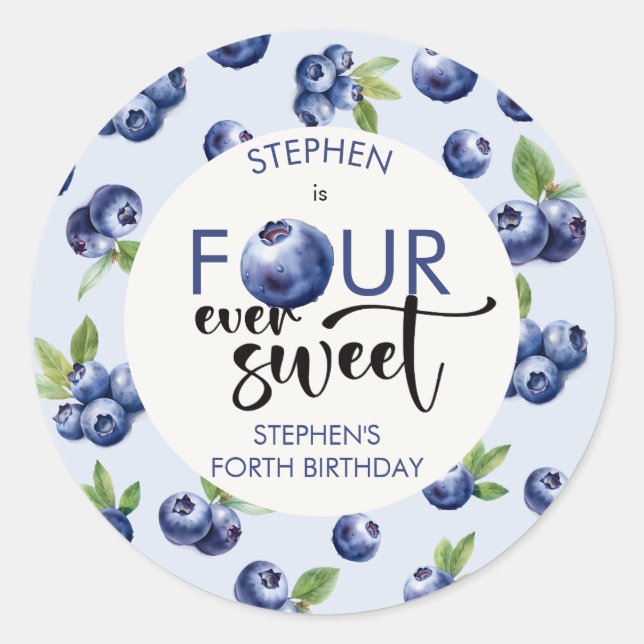 Four ever sweet blueberries kids birthday classic round sticker (Front)