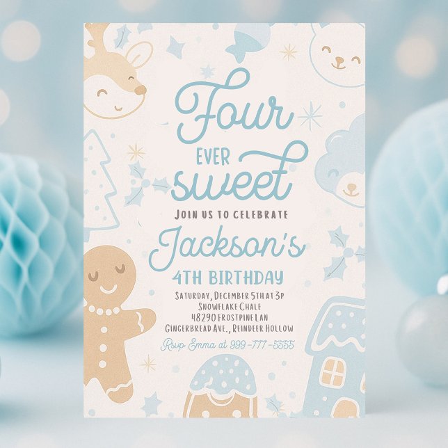 Four Ever Sweet Boy Christmas Cookie Birthday Part Invitation (Four Ever Sweet boy Christmas cookie birthday party with festive winter decorations, dessert table, )