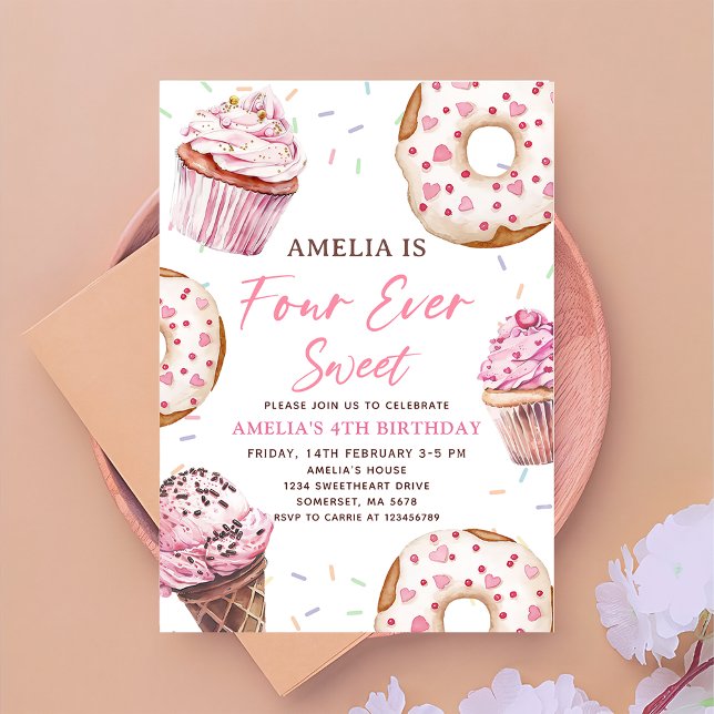 Four Ever Sweet Cupcake & Doughnuts 4th Birthday Invitation (Creator Uploaded)