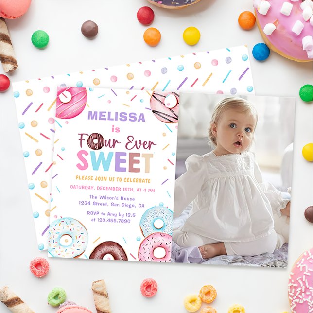Four Ever Sweet Doughnut 4th Birthday Party Photo Invitation (Creator Uploaded)